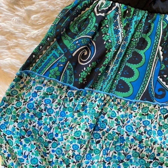 Sequin Hearts Paisley Tiered Halter Maxi Dress Blue Green Black Women S - Picture 2 of 4